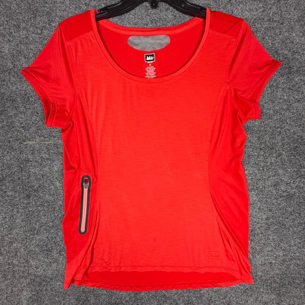 REI Co-op Womens Active T-Shirt Red Short Sleeve Side Zip Pocket Size M